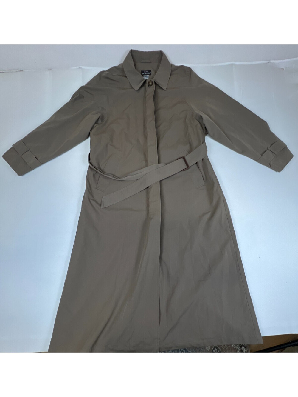 LL Bean Traveler Trench Coat Womens Large Khaki Belted Rain Jacket Long